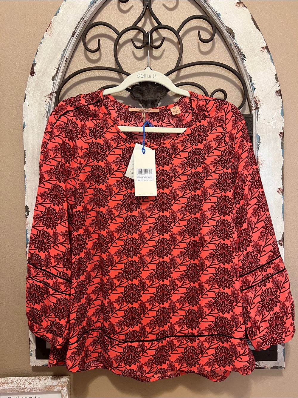 Scotch & Soda Coral Red Blouse with Black Floral Print